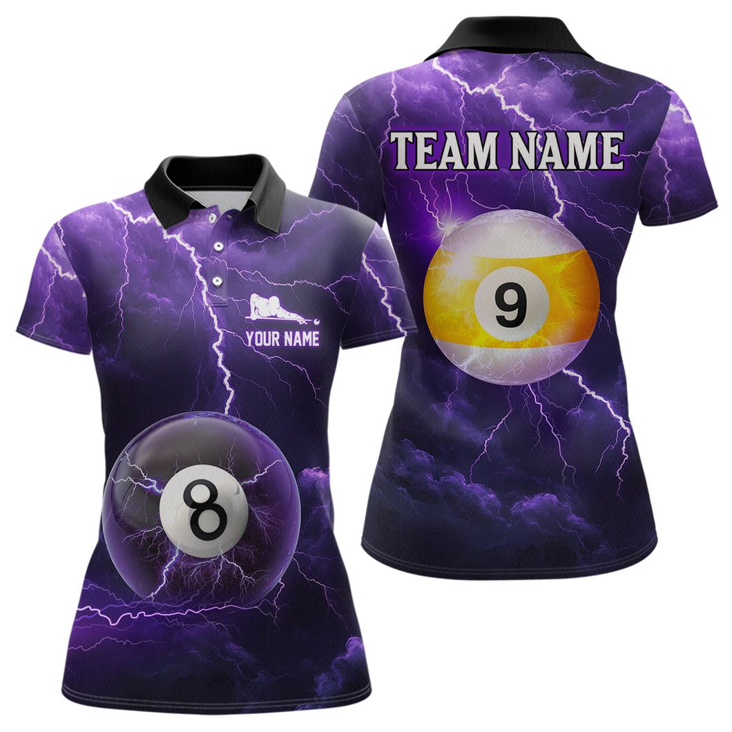 Purple Thunder 8 & 9 Ball Billiards Shirt Women Team Polo & 1/4 Zip Shirts Billiard Jersey NNT17