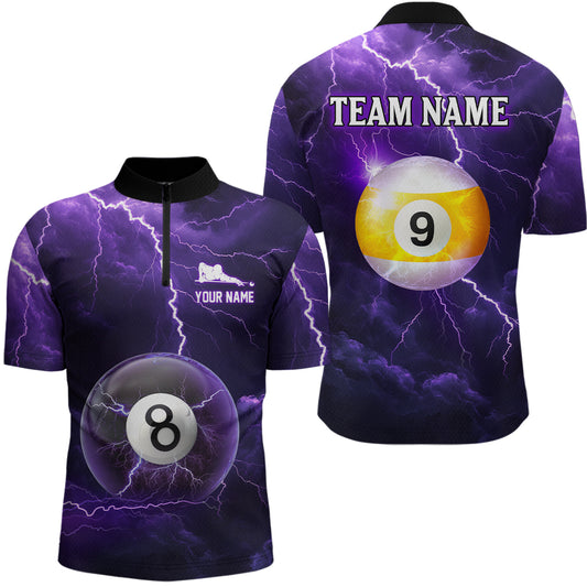 Purple Thunder 8 & 9 Ball Billiards Shirt Men Team Polo & 1/4 Zip Shirts Billiard Jersey NNT17