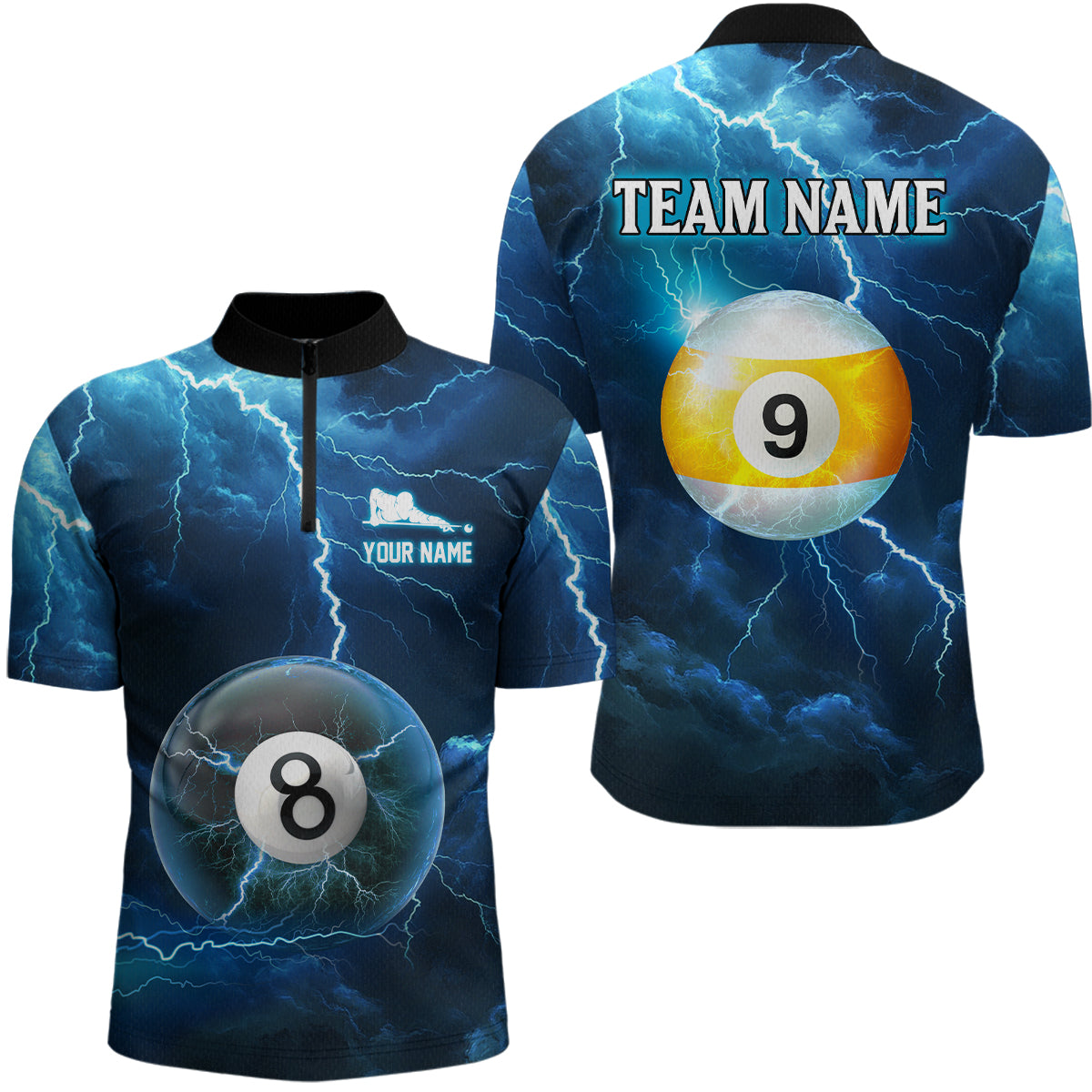 Blue Thunder 8 & 9 Ball Billiards Shirt Men Team Polo & 1/4 Zip Shirts Billiard Jersey NNT17