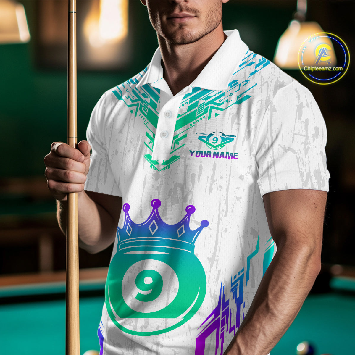 Custom White 9 Ball Crown Neon Billiard Shirts for Men Billiard Team Shirts Billiard League NNT74