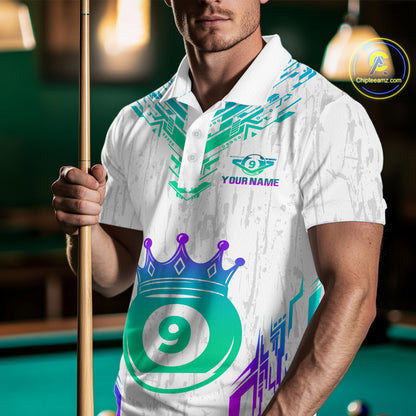 Custom White 9 Ball Crown Neon Billiard Shirts for Men Billiard Team Shirts Billiard League NNT74