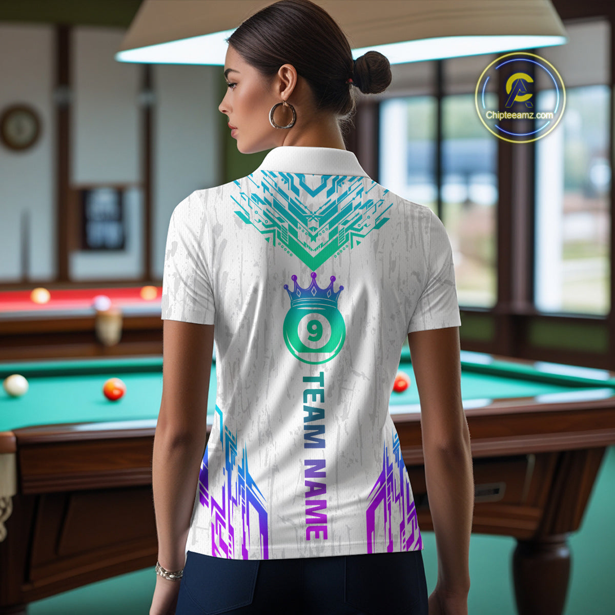Custom White 9 Ball Crown Neon Billiard Shirts for Women Billiard Team Shirts Billiard League NNT74
