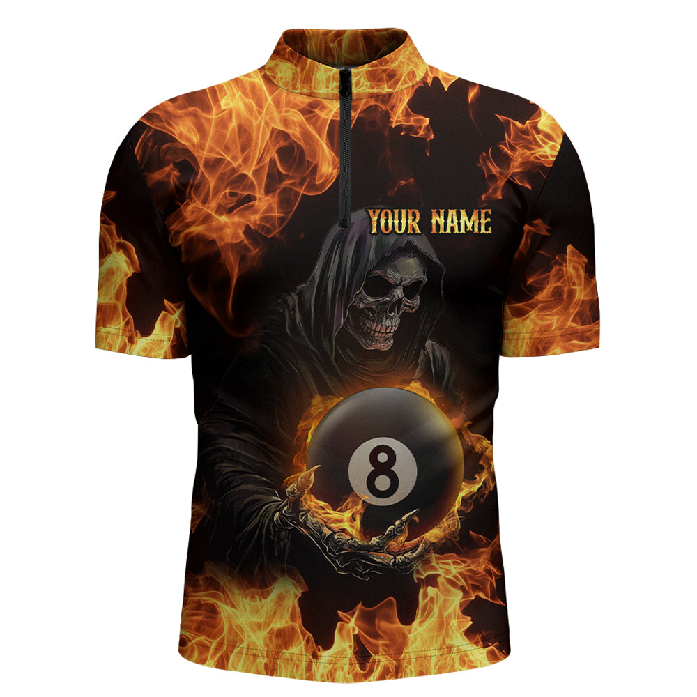 Flame Skeleton 8 Ball Billiard Shirts for Men Custom Billiard Team Shirts Polo & 1/4 Zip NNT101