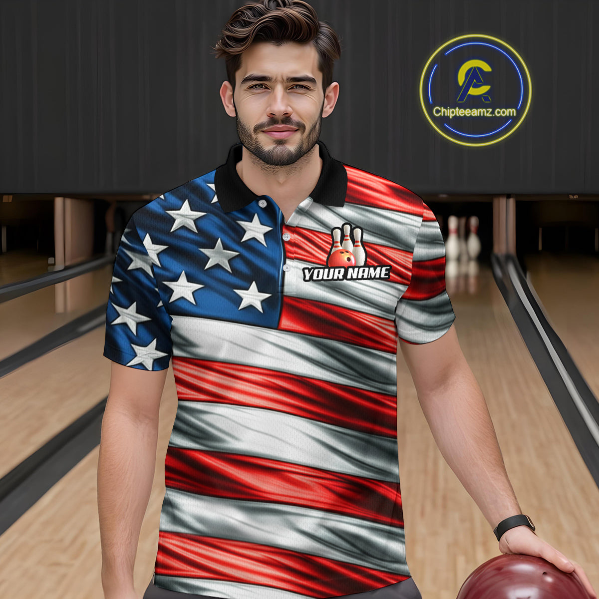 Custom American Flag Bowling Men Shirts Bowling Uniform Polo & 1/4 Zip Bowling Team Jerseys HNT97