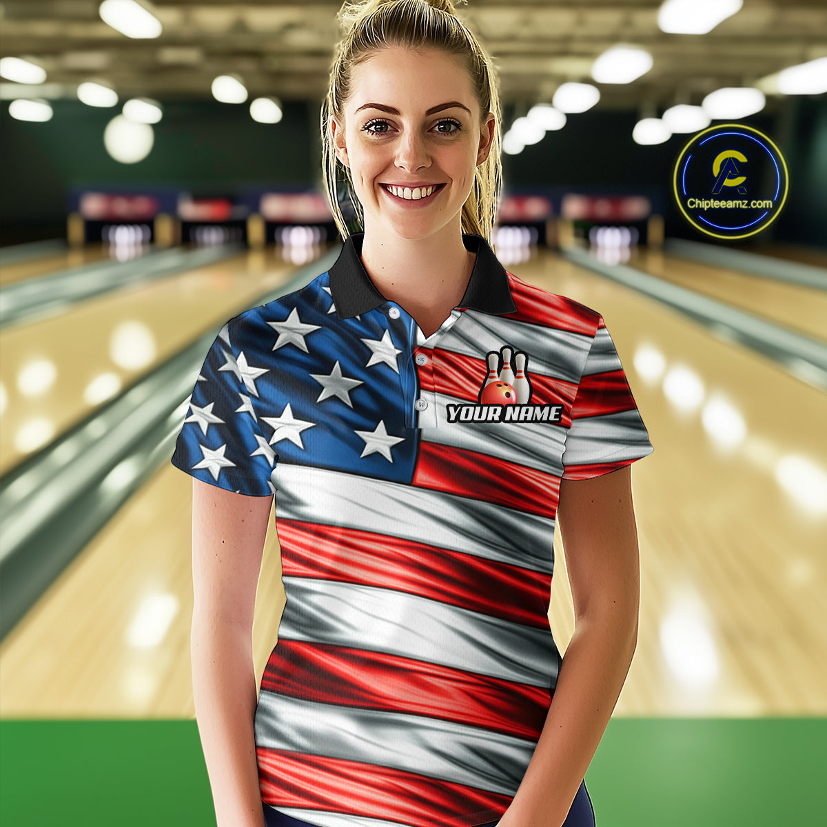Custom American Flag Bowling Women Shirts Bowling Uniform Polo & 1/4 Zip Bowling Team Jerseys HNT97