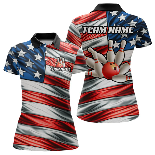 Custom American Flag Bowling Women Shirts Bowling Uniform Polo & 1/4 Zip Bowling Team Jerseys HNT97