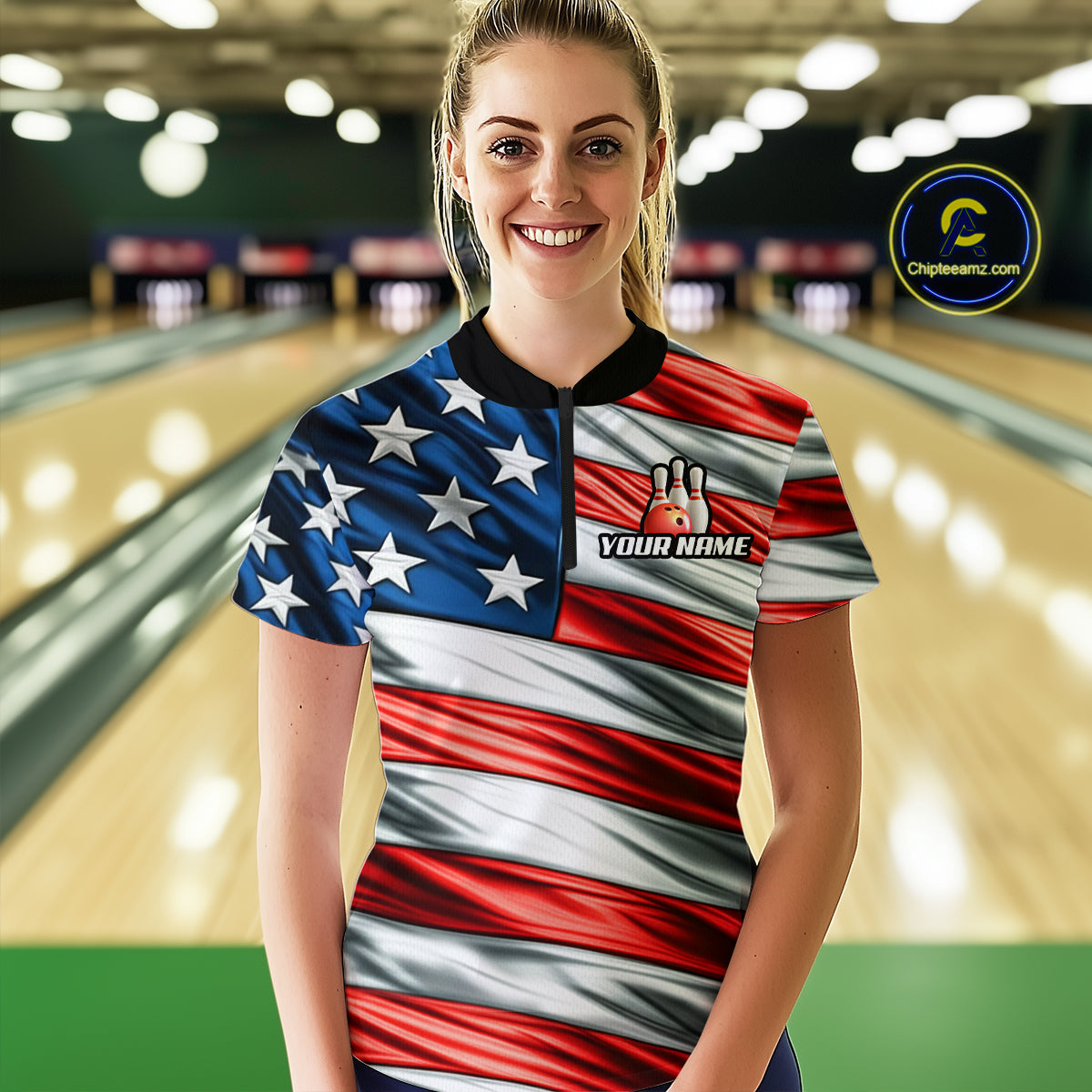 Custom American Flag Bowling Women Shirts Bowling Uniform Polo & 1/4 Zip Bowling Team Jerseys HNT97