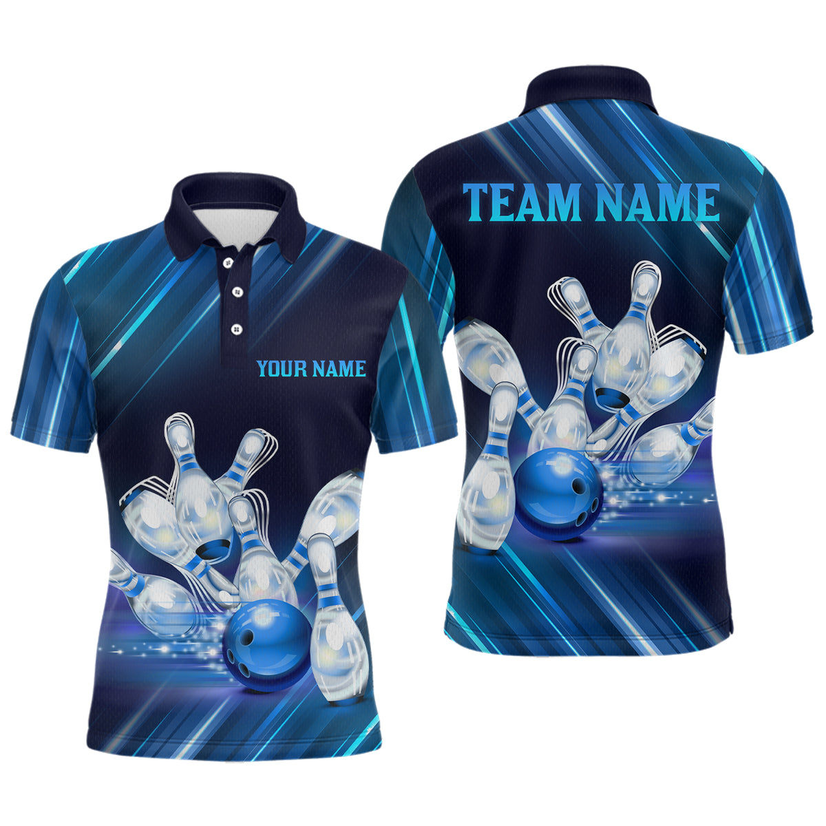 Custom Blue Bowling Jersey for Men Bowling Team Shirts Bowling Uniform Polo & 1/4 Zip HNT162