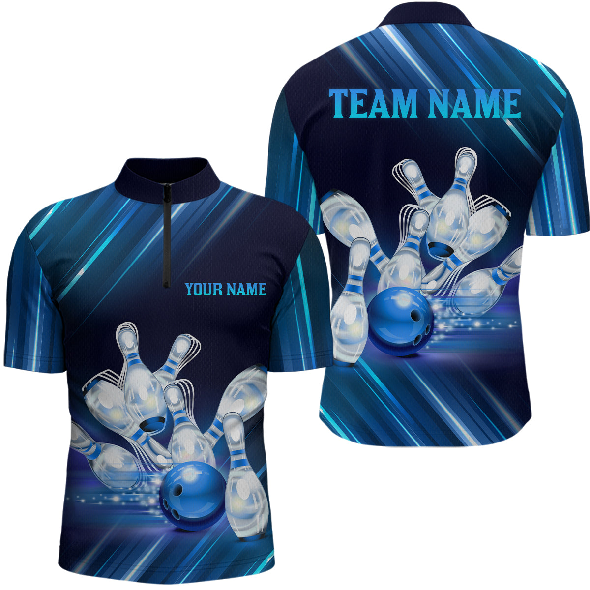 Custom Blue Bowling Jersey for Men Bowling Team Shirts Bowling Uniform Polo & 1/4 Zip HNT162
