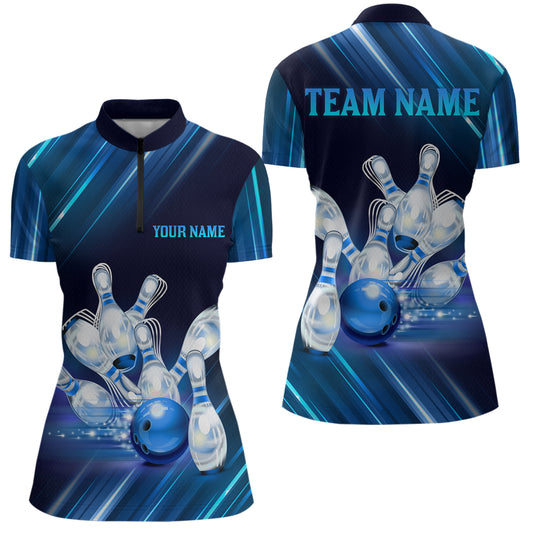 Custom Blue Bowling Jersey for Women Bowling Team Shirts Bowling Uniform Polo & 1/4 Zip HNT162