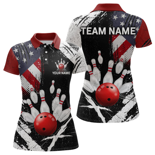 Custom US Flag Bowling Shirts for Women Polo & Quarter-Zip Bowling Team Bowling League HNT83