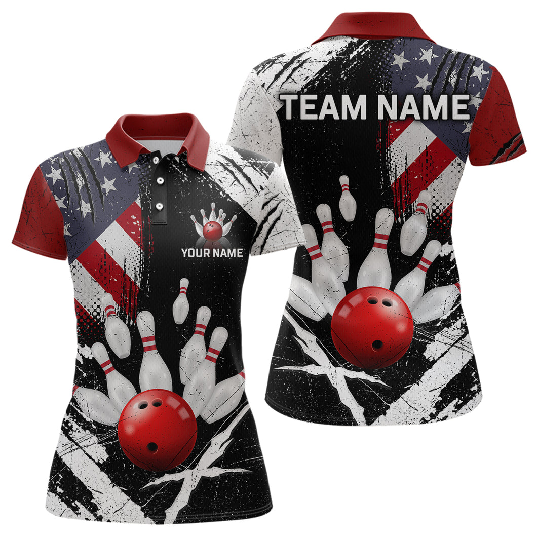 Custom US Flag Bowling Shirts for Women Polo & Quarter-Zip Bowling Team Bowling League HNT83