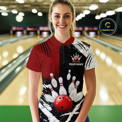 Custom Red Bowling Shirts for Women Polo & Quarter-Zip Bowling Team Bowling League HNT83