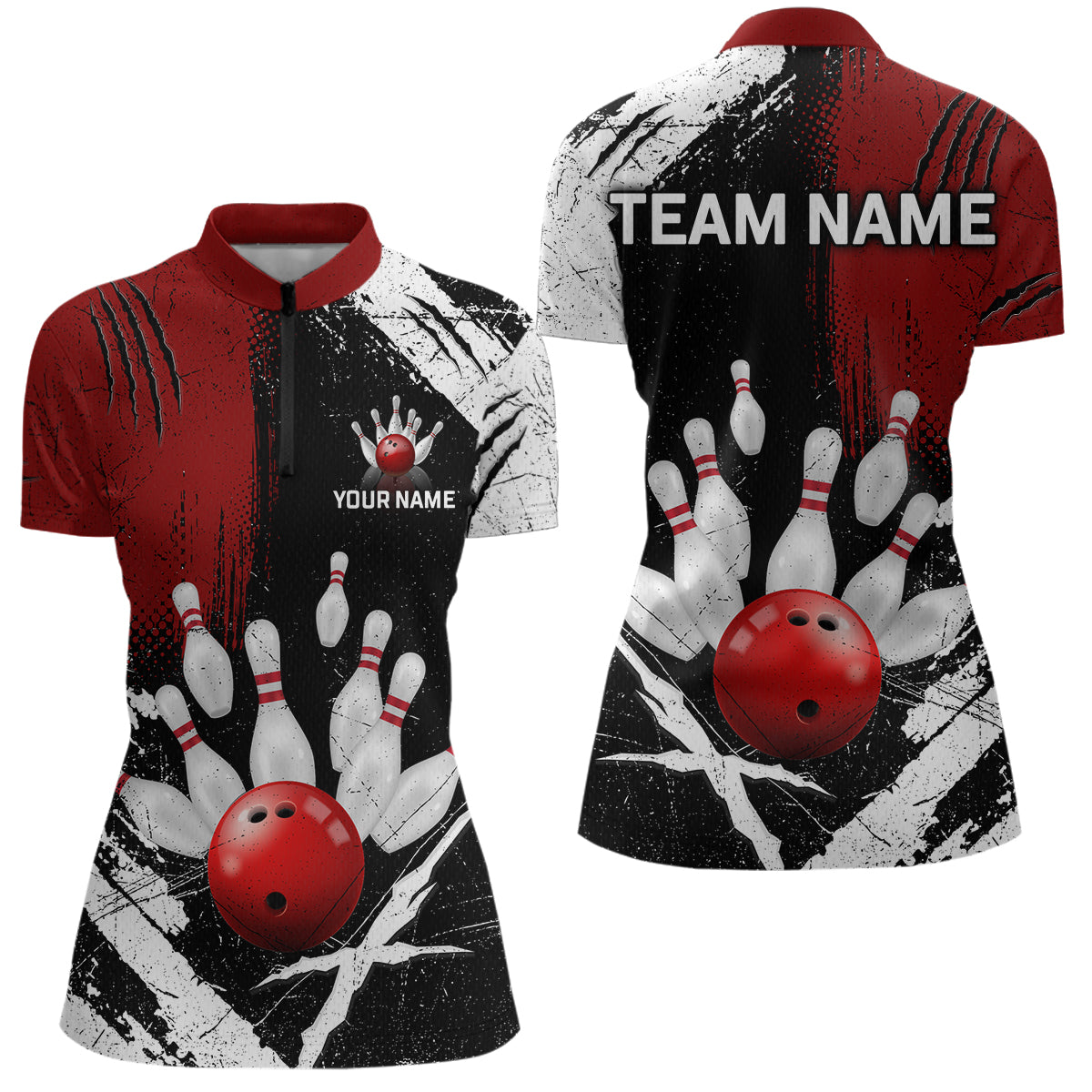 Custom Red Bowling Shirts for Women Polo & Quarter-Zip Bowling Team Bowling League HNT83