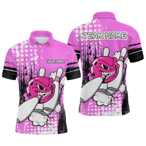 Personalized Pink Funny Crazy Bowling Shirt for Men Polo & Quarter-Zip Bowling Jersey with Team HNT03