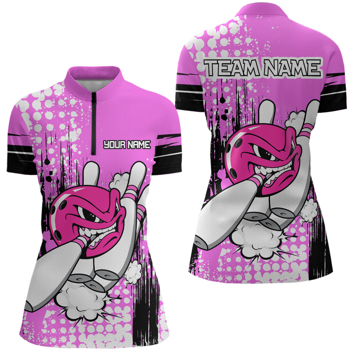 Personalized Pink Funny Crazy Bowling Shirt for Women Polo & Quarter-Zip Bowling Jersey with Team HNT03