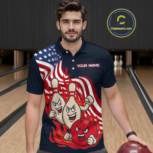 Custom American Flag Bowling Men Polo & 1/4 Zip Shirts Funny Flame Bowling Team Jerseys HNT92