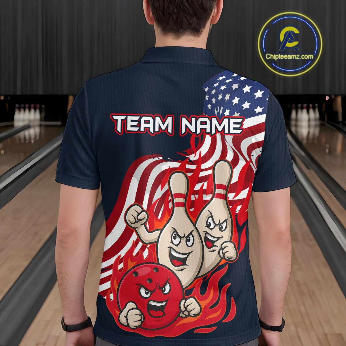 Custom American Flag Bowling Men Polo & 1/4 Zip Shirts Funny Flame Bowling Team Jerseys HNT92