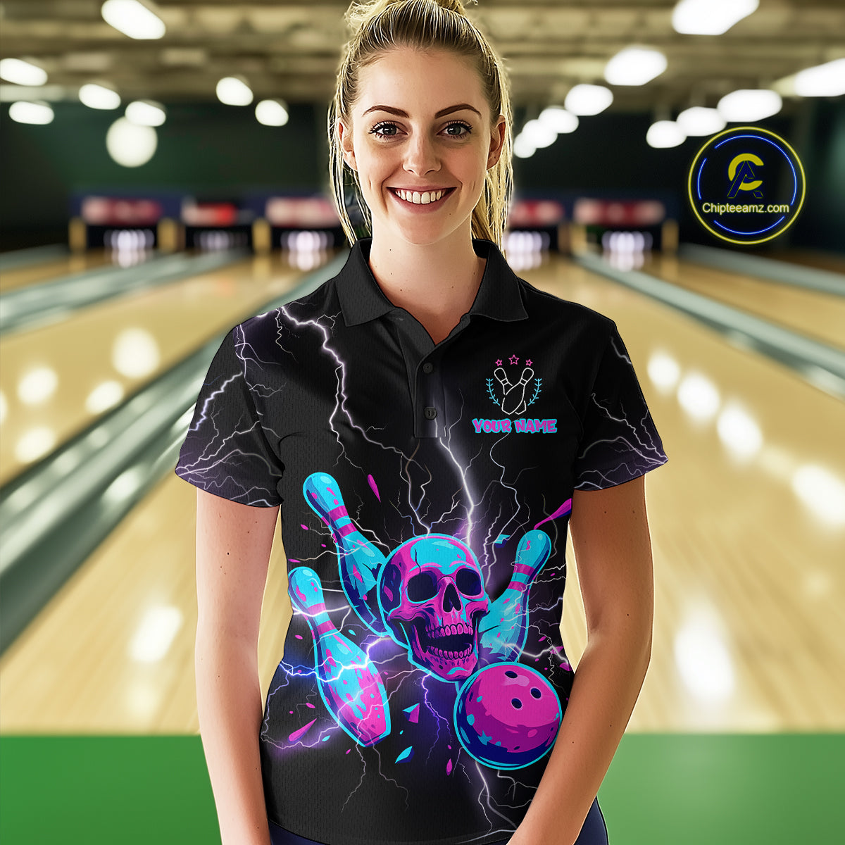 Custom Thunder Skull Flame Bowling Women Polo & 1/4 Zip Shirts Bowling Team Jerseys HNT93