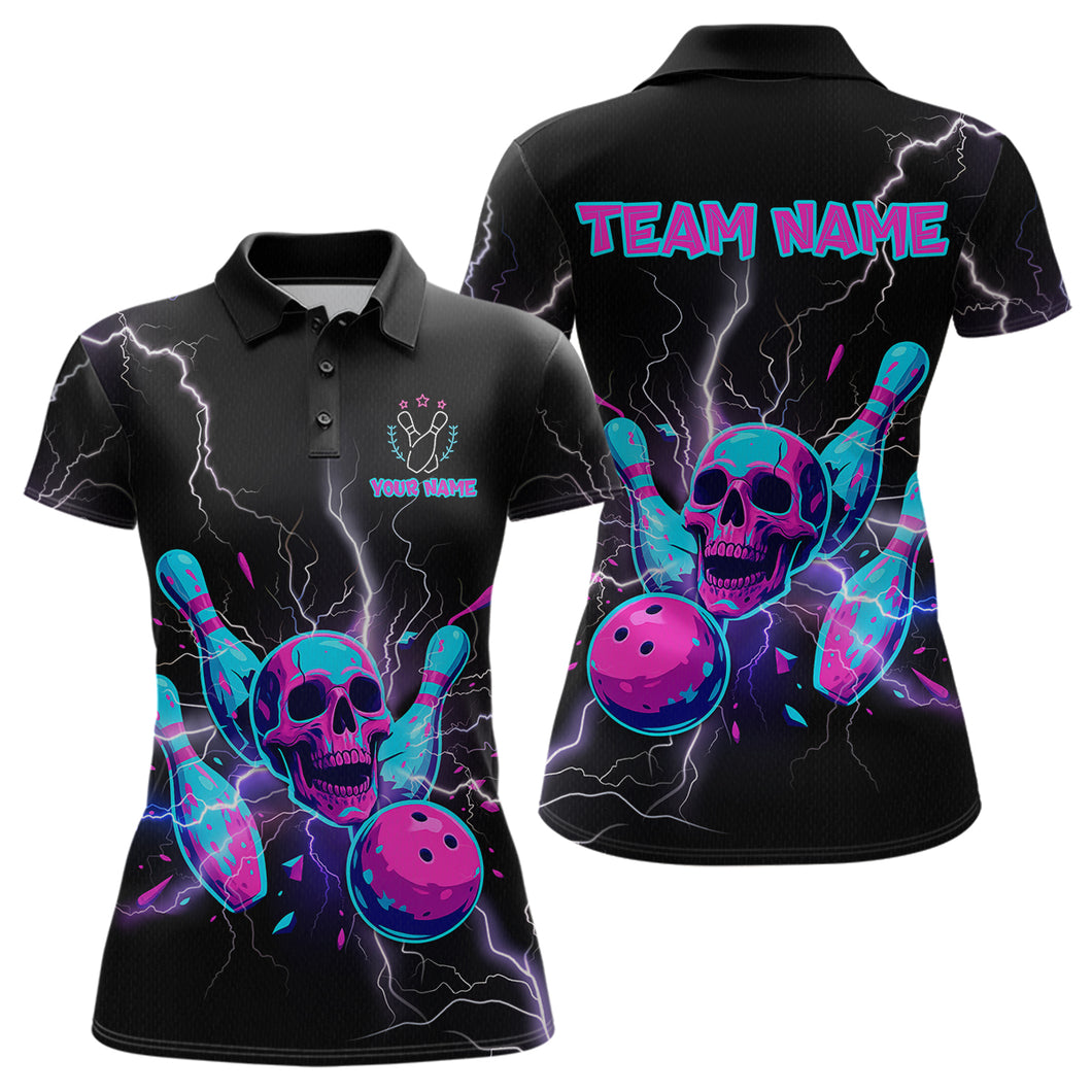 Custom Thunder Skull Flame Bowling Women Polo & 1/4 Zip Shirts Bowling Team Jerseys HNT93