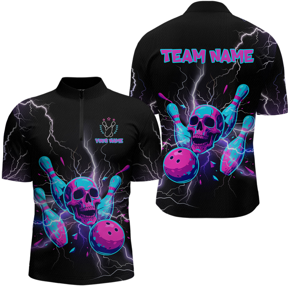 Custom Thunder Skull Flame Bowling Men Polo & 1/4 Zip Shirts Bowling Team Jerseys HNT93