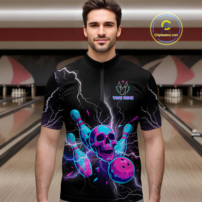 Custom Thunder Skull Flame Bowling Men Polo & 1/4 Zip Shirts Bowling Team Jerseys HNT93