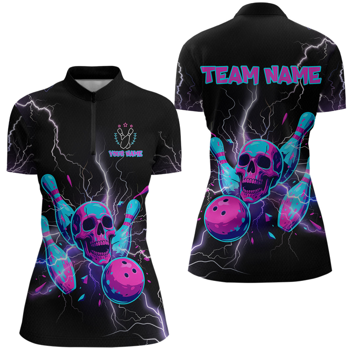 Custom Thunder Skull Flame Bowling Women Polo & 1/4 Zip Shirts Bowling Team Jerseys HNT93
