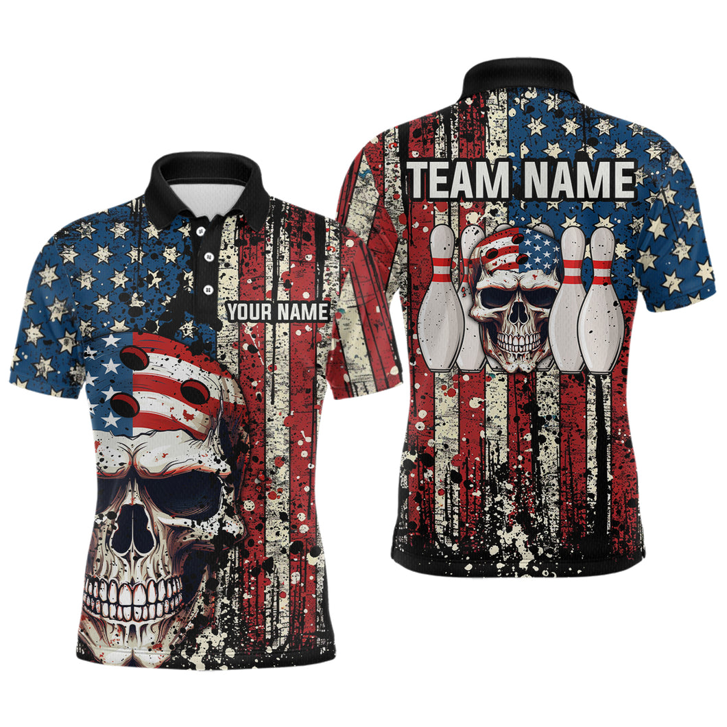 Skull US Flag Bowling Custom Men Bowling Shirt Polo & Quarter-Zip Bowling Team Jerseys HNT58