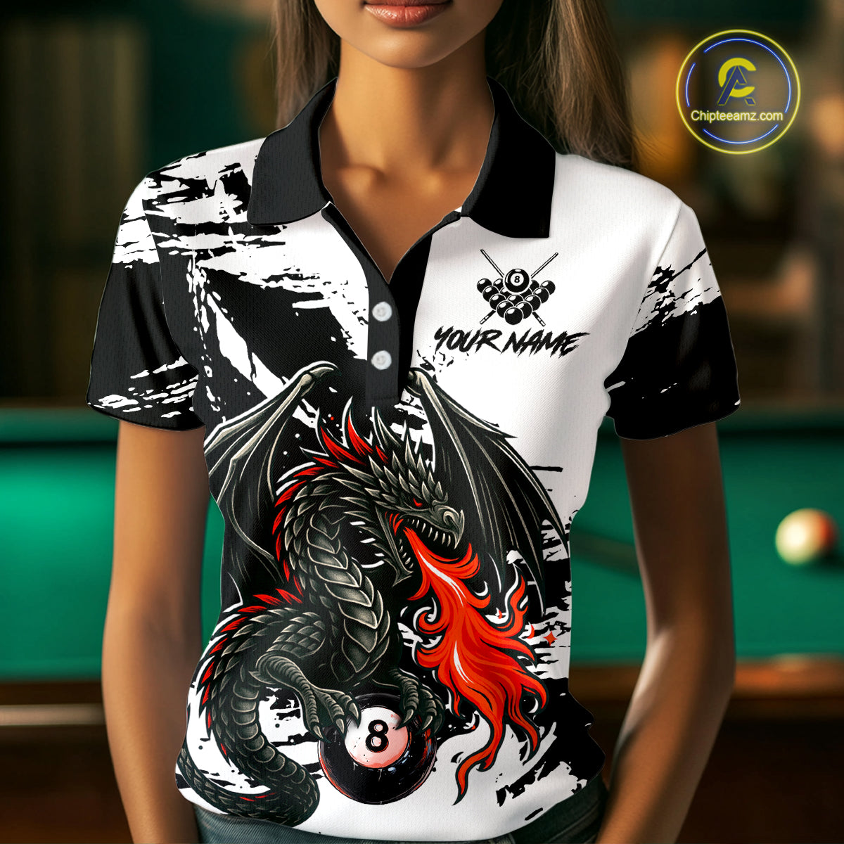 Custom Dragon Flame 8 Ball Billiard Shirts for Men Billiard Team Shirts Polo & 1/4 Zip Shirt NNT82