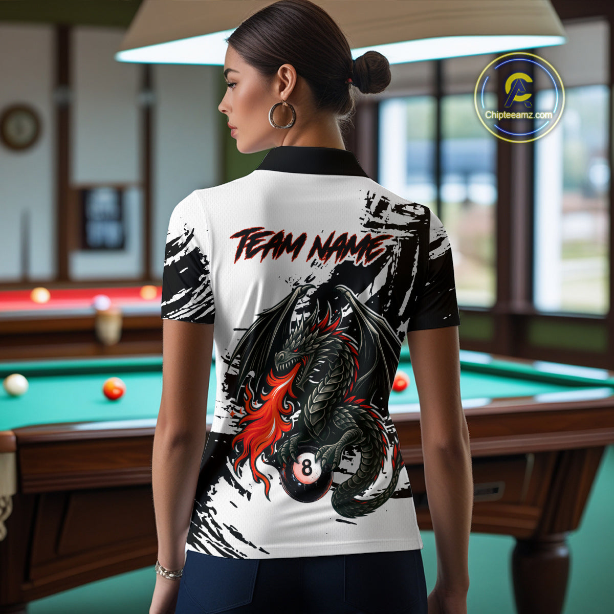 Custom Dragon Flame 8 Ball Billiard Shirts for Men Billiard Team Shirts Polo & 1/4 Zip Shirt NNT82