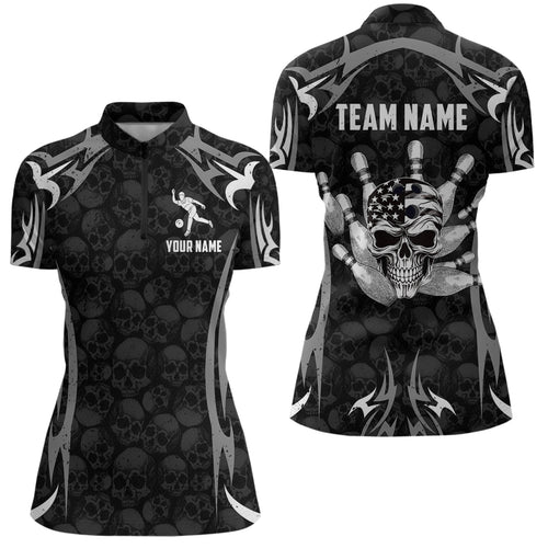 Skull Bowling Shirt for Women Personalized Patriotic Bowling Team Jersey Shirts Polo & Quarter-Zip HNT32