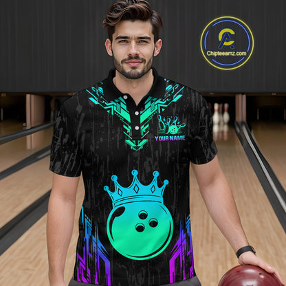 Custom Black Neon Crown Bowling Jersey for Men Bowling Uniform Polo & 1/4 Zip Bowling Team Shirts HNT123
