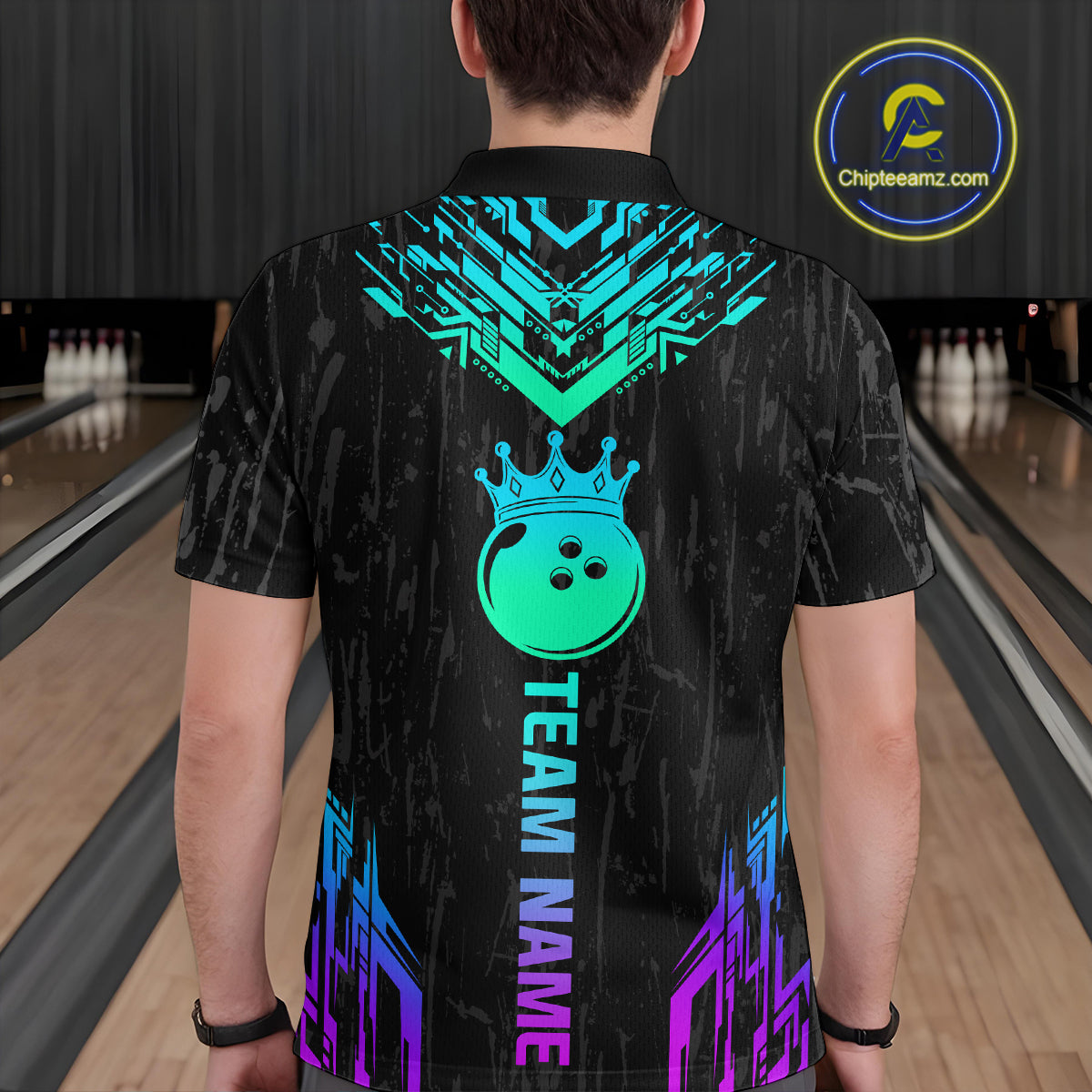 Custom Black Neon Crown Bowling Jersey for Men Bowling Uniform Polo & 1/4 Zip Bowling Team Shirts HNT123