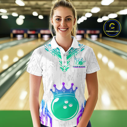 Custom White Neon Crown Bowling Jersey for Women Polo & 1/4 Zip Bowling Team Shirts HNT123