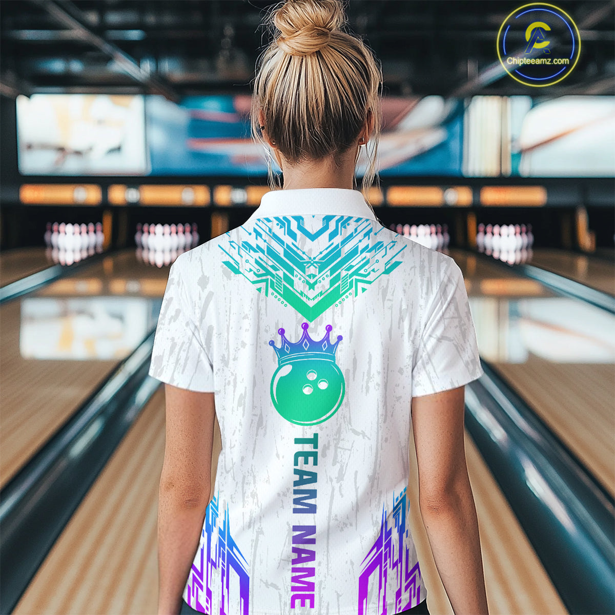 Custom White Neon Crown Bowling Jersey for Women Polo & 1/4 Zip Bowling Team Shirts HNT123