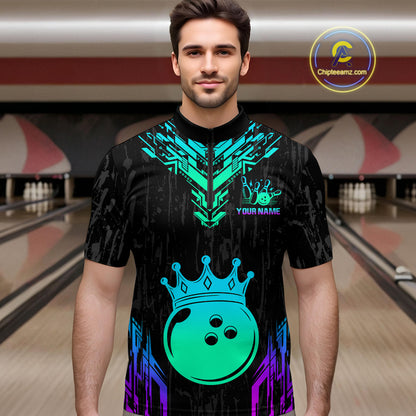 Custom Black Neon Crown Bowling Jersey for Men Bowling Uniform Polo & 1/4 Zip Bowling Team Shirts HNT123