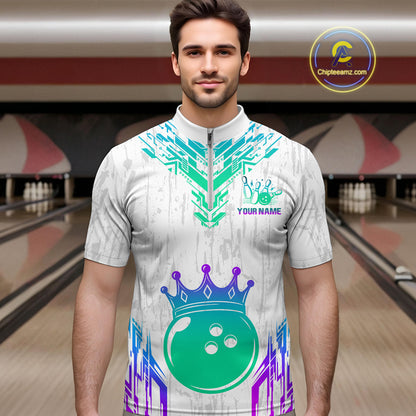 Custom White Neon Crown Bowling Jersey for Men Bowling Uniform Polo & 1/4 Zip Bowling Team Shirts HNT123