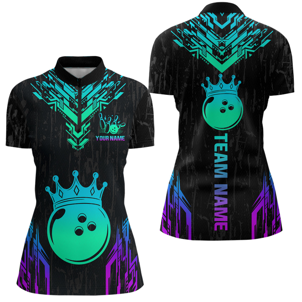 Custom Black Neon Crown Bowling Jersey for Women Polo & 1/4 Zip Bowling Team Shirts HNT123