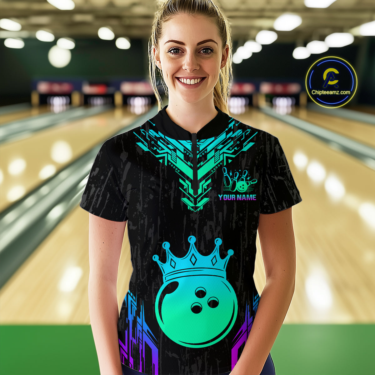 Custom Black Neon Crown Bowling Jersey for Women Polo & 1/4 Zip Bowling Team Shirts HNT123