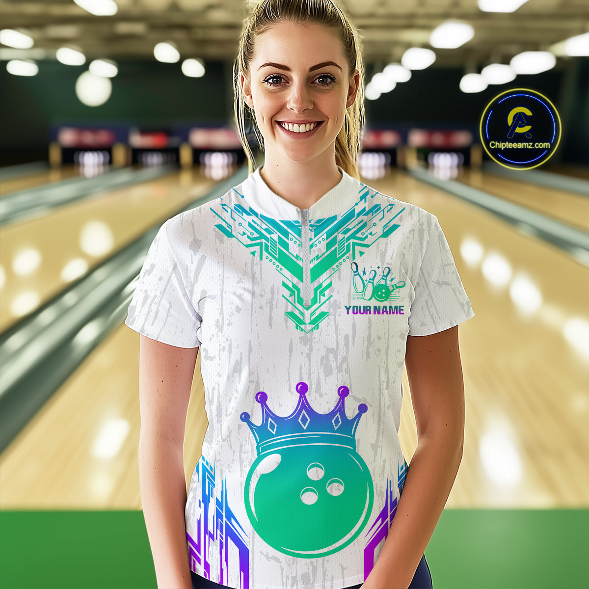 Custom White Neon Crown Bowling Jersey for Women Polo & 1/4 Zip Bowling Team Shirts HNT123