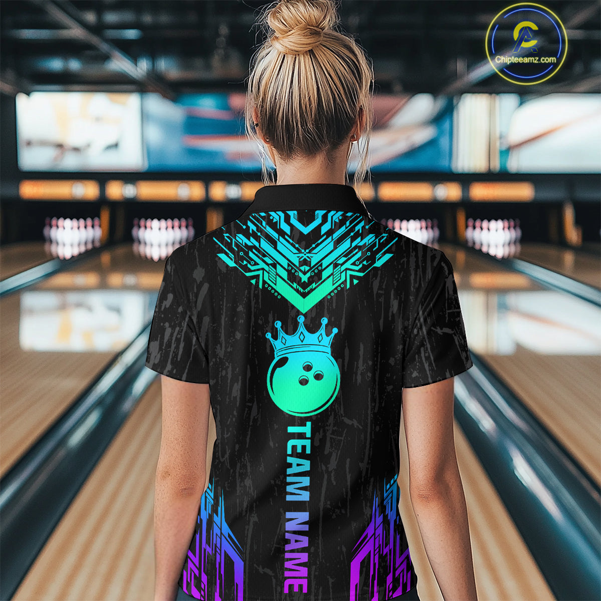Custom Black Neon Crown Bowling Jersey for Women Polo & 1/4 Zip Bowling Team Shirts HNT123