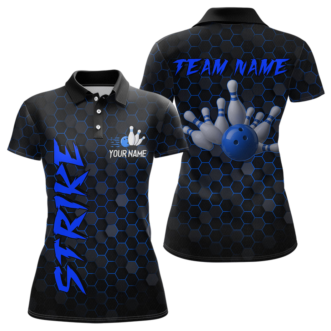 Custom Strike Blue Bowling Women Bowling Shirt Polo & Quarter-Zip Bowling Team Jerseys HNT79