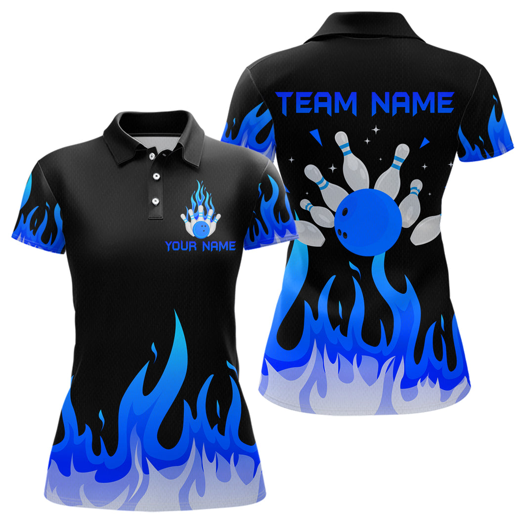Custom Blue Flame Bowling Shirts for Women Polo & Quarter-Zip Bowling Team Jerseys HNT82