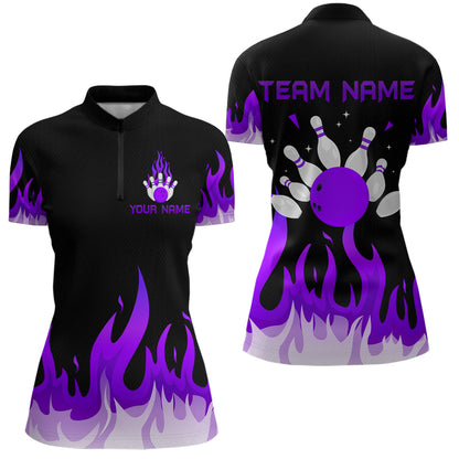 Custom Purple Flame Bowling Shirts for Women Polo & Quarter-Zip Bowling Team Jerseys HNT82