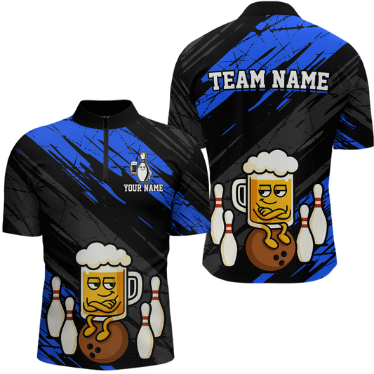 Custom Blue Funny Beer Bowling Jersey for Men Bowling Uniform Polo & 1/4 Zip Bowling Team Shirts HNT107