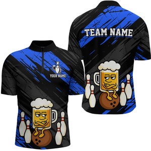 Custom Blue Funny Beer Bowling Jersey for Men Bowling Uniform Polo & 1/4 Zip Bowling Team Shirts HNT107