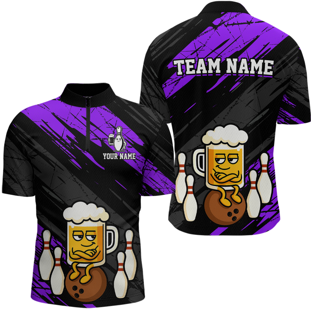 Custom Purple Funny Beer Bowling Jersey for Men Bowling Uniform Polo & 1/4 Zip Bowling Team Shirts HNT107