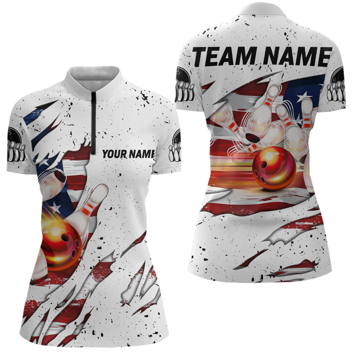 US Flag Bowling Shirt for Women 3D Custom Bowling Jersey Shirts Team Polo & Quarter-Zip HNT19
