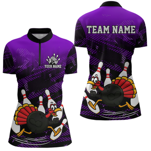 Custom Purple Funny Turkey Bowling Jersey for Women Thanksgiving Bowling Team Shirts Polo & 1/4 Zip HNT125
