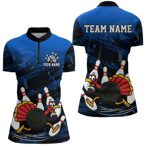 Custom Blue Funny Turkey Bowling Jersey for Women Thanksgiving Bowling Team Shirts Polo & 1/4 Zip HNT125